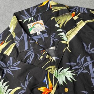 Paradise Found Hawaiian Shirt Large Black Bird of Paradise Bamboo Rayon Aloha